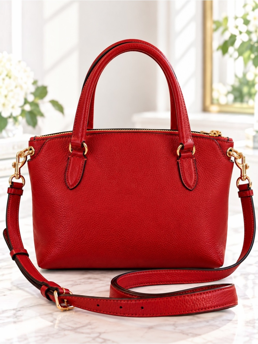 Coach Red Pebbled Leather Satchel Crossbody Bag Gold Tone Hardware - Picture 3 of 9